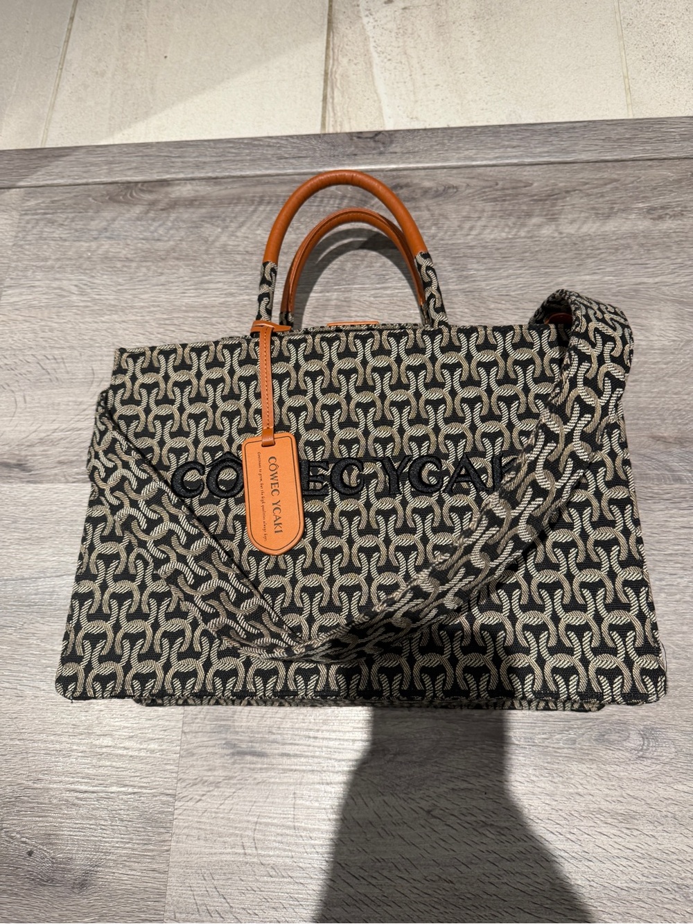 Black & Cream Jacquard Tote with Tan Leather Handles